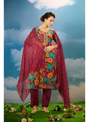 Maroon  organja  kurti bottom  dupatta set 2