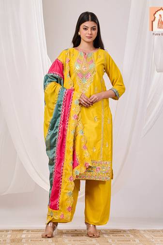 Yellow embroidered chinon suit set with multi-color dupatta