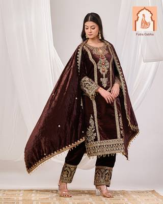 Brown sequence work velvet suit set with velvet dupatta 1