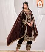Brown sequence work velvet suit set with velvet dupatta