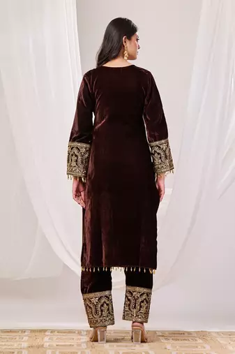 Brown sequence work velvet suit set with velvet dupatta