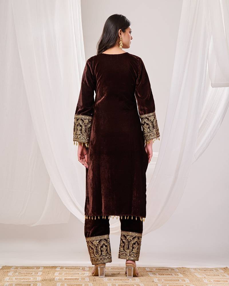 Brown sequence work velvet suit set with velvet dupatta