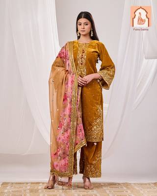 Mustard velvet suit set with sequined embellishments and printed organza dupatta 1