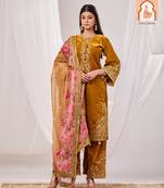 Mustard velvet suit set with sequined embellishments and printed organza dupatta