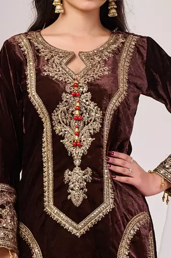 Brown sequence work velvet suit set with velvet dupatta