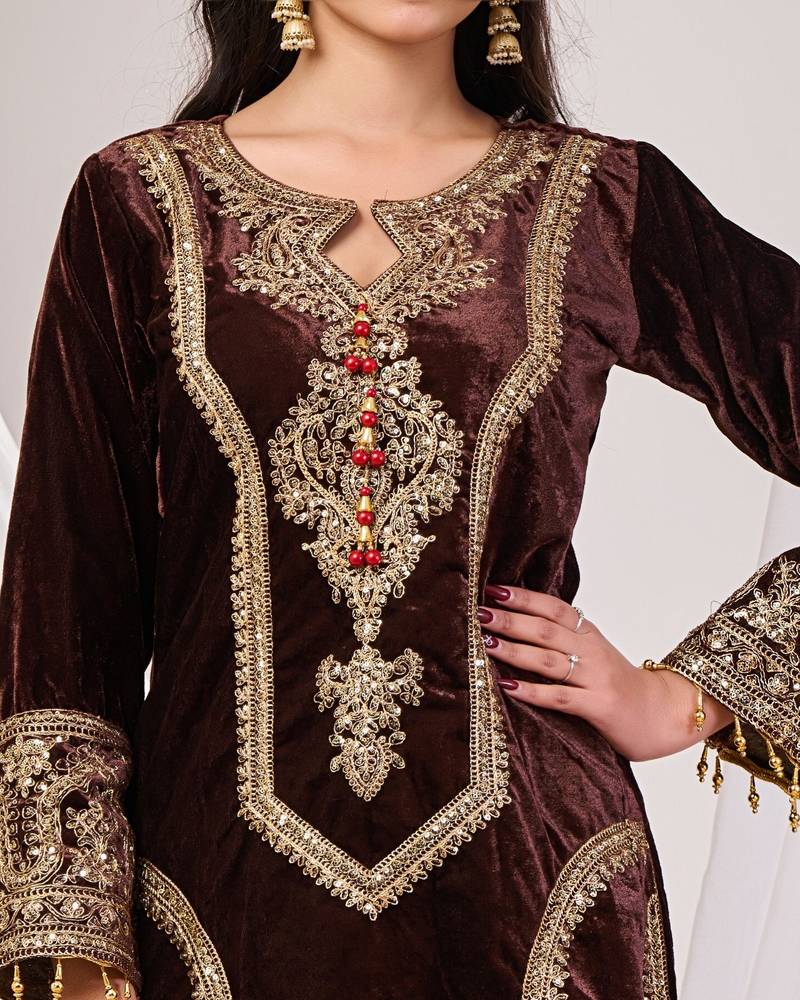 Brown sequence work velvet suit set with velvet dupatta