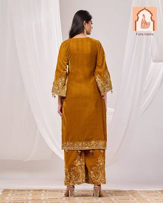 Mustard velvet suit set with sequined embellishments and printed organza dupatta 2