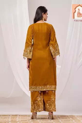 Mustard velvet suit set with sequined embellishments and printed organza dupatta