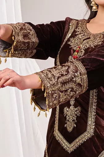 Brown sequence work velvet suit set with velvet dupatta