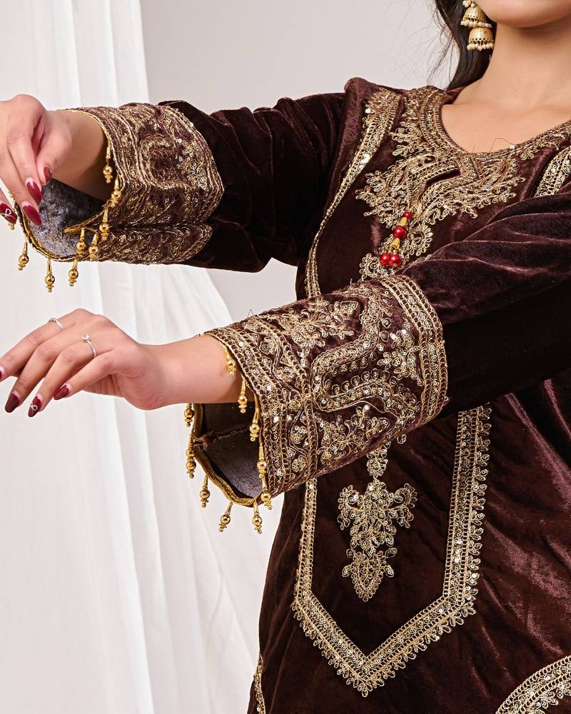 Brown sequence work velvet suit set with velvet dupatta