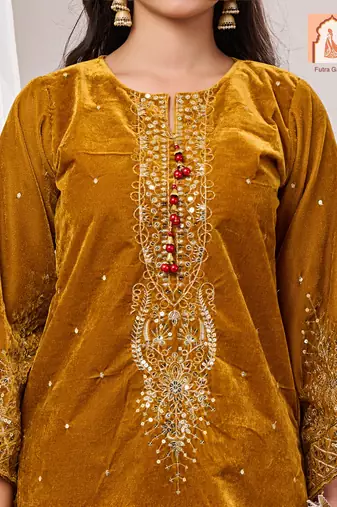 Mustard velvet suit set with sequined embellishments and printed organza dupatta