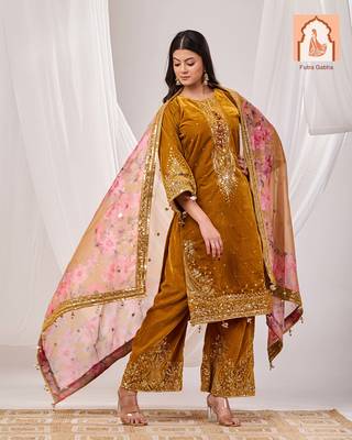 Mustard velvet suit set with sequined embellishments and printed organza dupatta 4