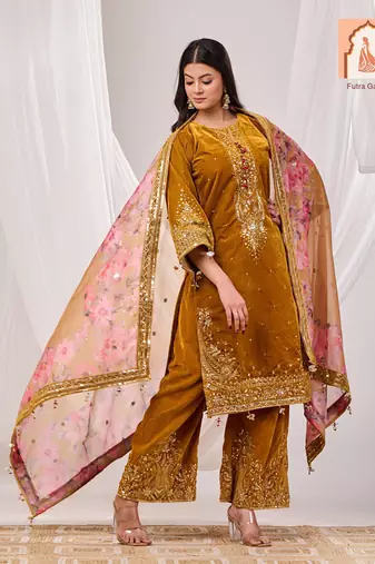 Mustard velvet suit set with sequined embellishments and printed organza dupatta