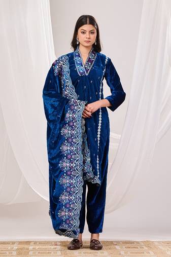 Navy blue velvet suit set