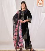 Black velvet suit set with floral printed organza dupatta
