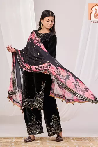 Black velvet suit set with floral printed organza dupatta