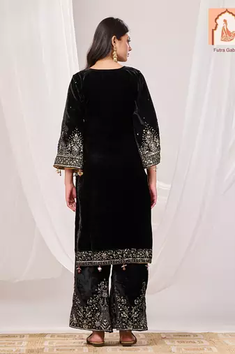 Black velvet suit set with floral printed organza dupatta