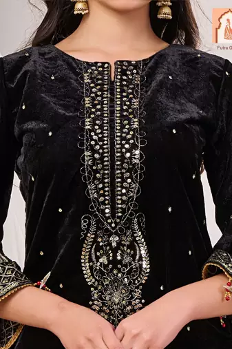 Black velvet suit set with floral printed organza dupatta