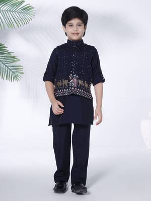Navy blue cotton silk embriodered kurta & pant with ethnic jacket - navy blue 1