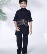 Navy blue cotton silk embriodered kurta & pant with ethnic jacket - navy blue