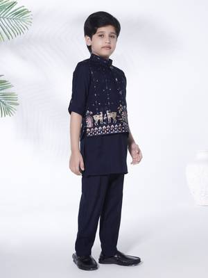 Navy blue cotton silk embriodered kurta & pant with ethnic jacket - navy blue 3