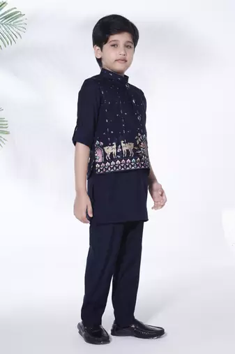Navy blue cotton silk embriodered kurta & pant with ethnic jacket - navy blue