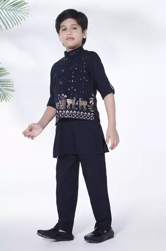 Navy blue cotton silk embriodered kurta & pant with ethnic jacket - navy blue