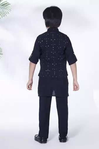 Navy blue cotton silk embriodered kurta & pant with ethnic jacket - navy blue