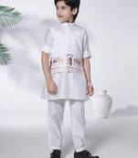 White embriodered cotton silk kurta & pant with ethnic jacket - navy blue