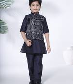 Navy blue zari embriodered coton silk kurta & pant with ethnic jacket