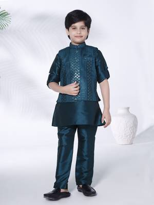 Peacock blue self embriodered coton silk kurta & pant with ethnic jacket 1