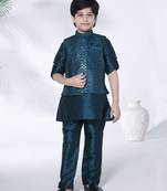 Peacock blue self embriodered coton silk kurta & pant with ethnic jacket