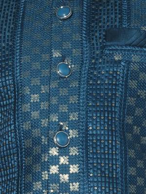 Peacock blue self embriodered coton silk kurta & pant with ethnic jacket 4
