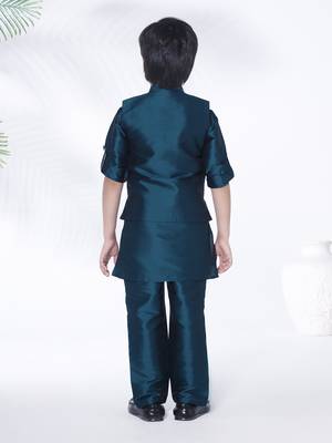 Peacock blue self embriodered coton silk kurta & pant with ethnic jacket 5