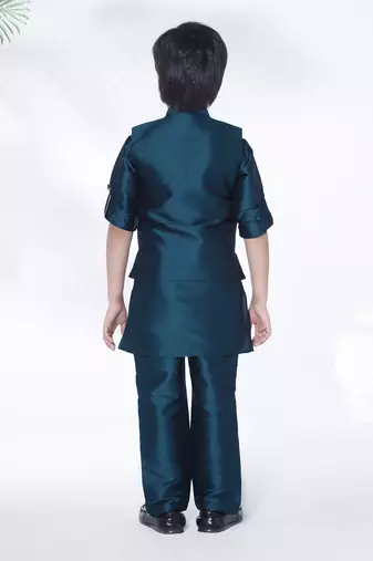 Peacock blue self embriodered coton silk kurta & pant with ethnic jacket