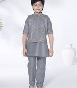 Ash blue gold zari embriodered coton silk kurta & pant with ethnic jacket