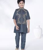 Teal gold zari embriodered coton silk kurta & pant with ethnic jacket