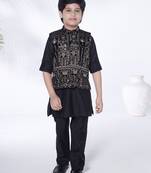 Black thread embriodered velvet kurta & pant with ethnic jacket