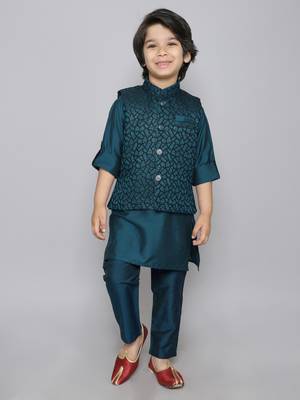 Teal woven jacquard button up cotton silk kurta & pant with ethnic jacket 1