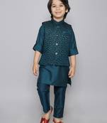 Teal woven jacquard button up cotton silk kurta & pant with ethnic jacket