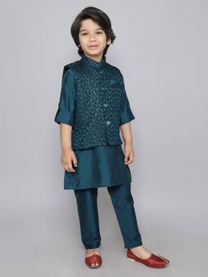 Teal woven jacquard button up cotton silk kurta & pant with ethnic jacket 2