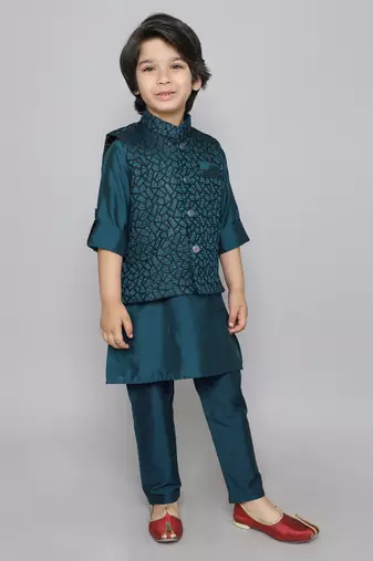 Teal woven jacquard button up cotton silk kurta & pant with ethnic jacket