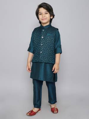 Teal woven jacquard button up cotton silk kurta & pant with ethnic jacket 3