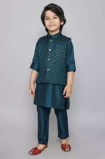 Teal woven jacquard button up cotton silk kurta & pant with ethnic jacket