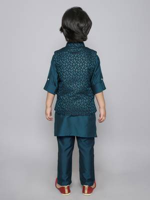Teal woven jacquard button up cotton silk kurta & pant with ethnic jacket 4