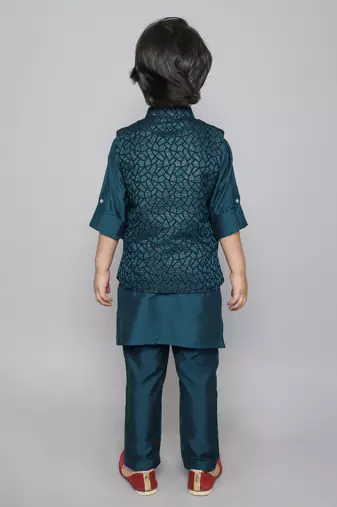Teal woven jacquard button up cotton silk kurta & pant with ethnic jacket