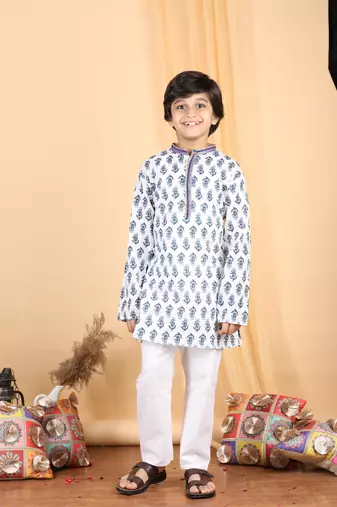 Floral kurta with a white pajama - blue
