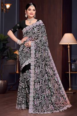 Black Sequin Resham Embroidered Georgette Saree With Matching Blouse Piece 1