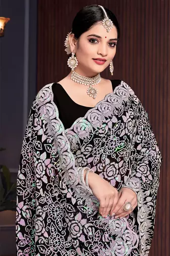 Black Sequin Resham Embroidered Georgette Saree With Matching Blouse Piece