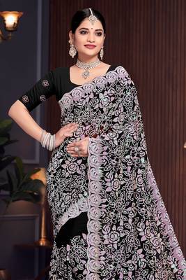 Black Sequin Resham Embroidered Georgette Saree With Matching Blouse Piece 3